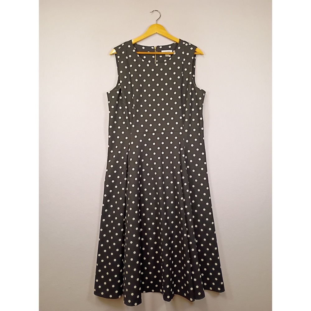 Retro Chic Calvin Klein Womens 14 Black White Polka Dot Scuba Midi Flare Dress
